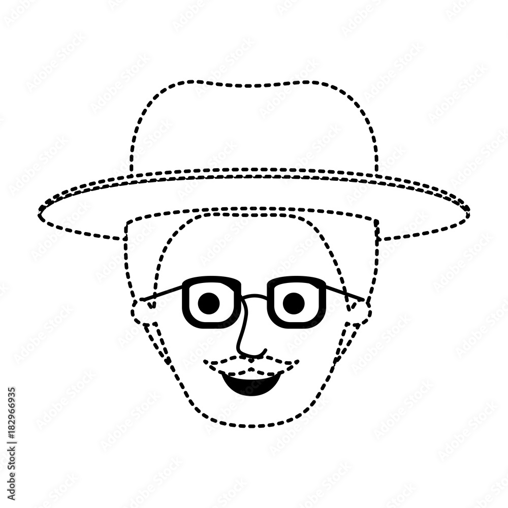 male face with hat and glasses with short hair and moustache in black dotted silhouette vector illustration