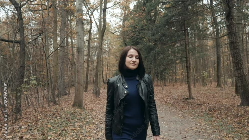 Young Beautiful Woman Walking In Autumn Park. Girl Walking In Forest In Fall, Lifestyle Concept Young Beautiful Woman Walking In Autumn Park. Girl Walking In Forest In Fall, Lifestyle Concept