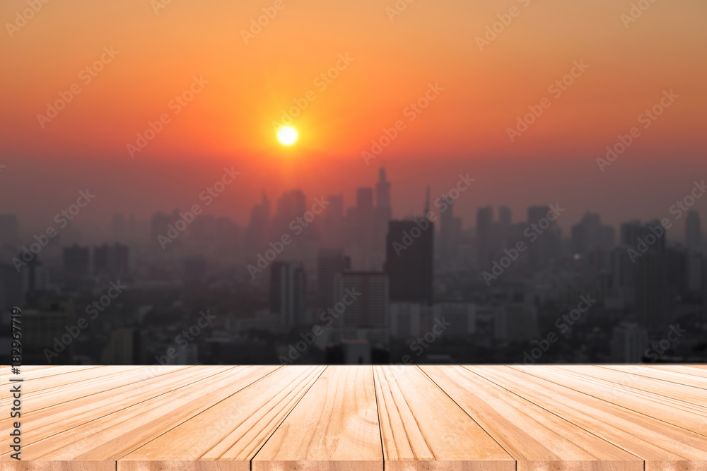 empty wooden table in the Bangkok city skyline with sunset, Thailand . the background for product display template empty wooden table in the Bangkok city skyline with sunset, Thailand . the background for product display template