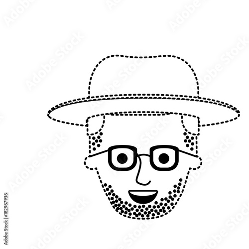 male face with hat and glasses and stubble beard and side parted hairstyle in black dotted silhouette vector illustration