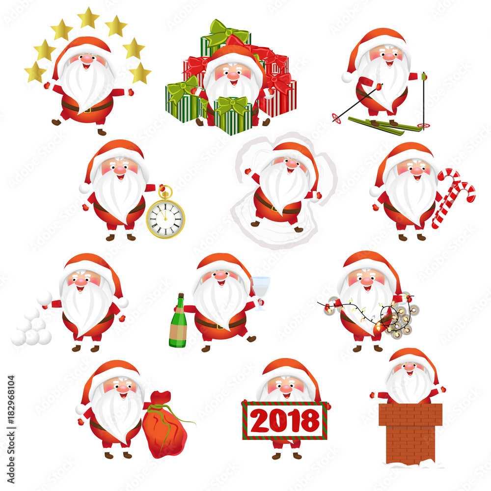Collection of Christmas Santa Claus. Cute vector character, isolated on white background.