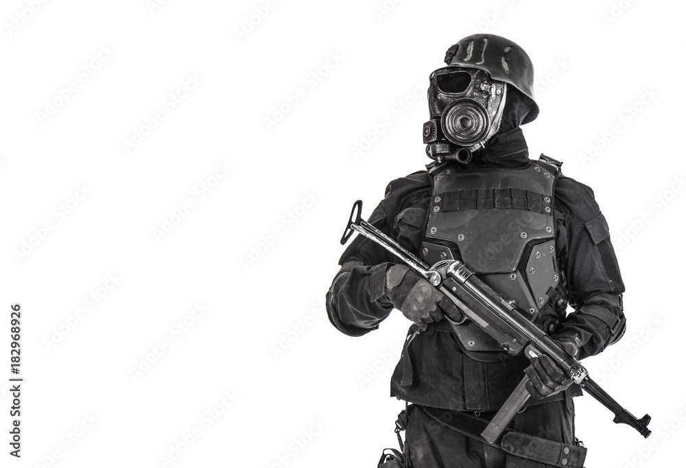Futuristic nazi soldier gas mask and steel helmet with schmeisser handgun isolated on white studio shot half length portrait Futuristic nazi soldier gas mask and steel helmet with schmeisser handgun isolated on white studio shot half length portrait