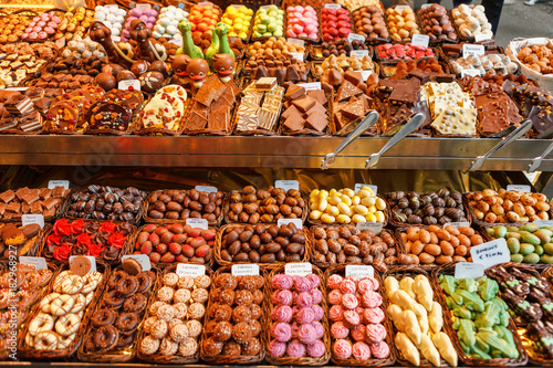 Confectionery at Boqueria market place in Barcelona, Spain