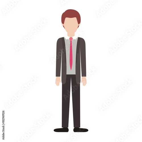 faceless man full body with suit and tie and pants and shoes with short hair in colorful silhouette vector illustration