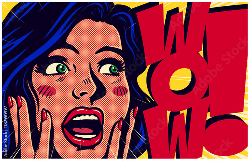 Vintage pop art style comic book panel with surprised excited woman saying wow looking at something amazing retro vector poster design illustration