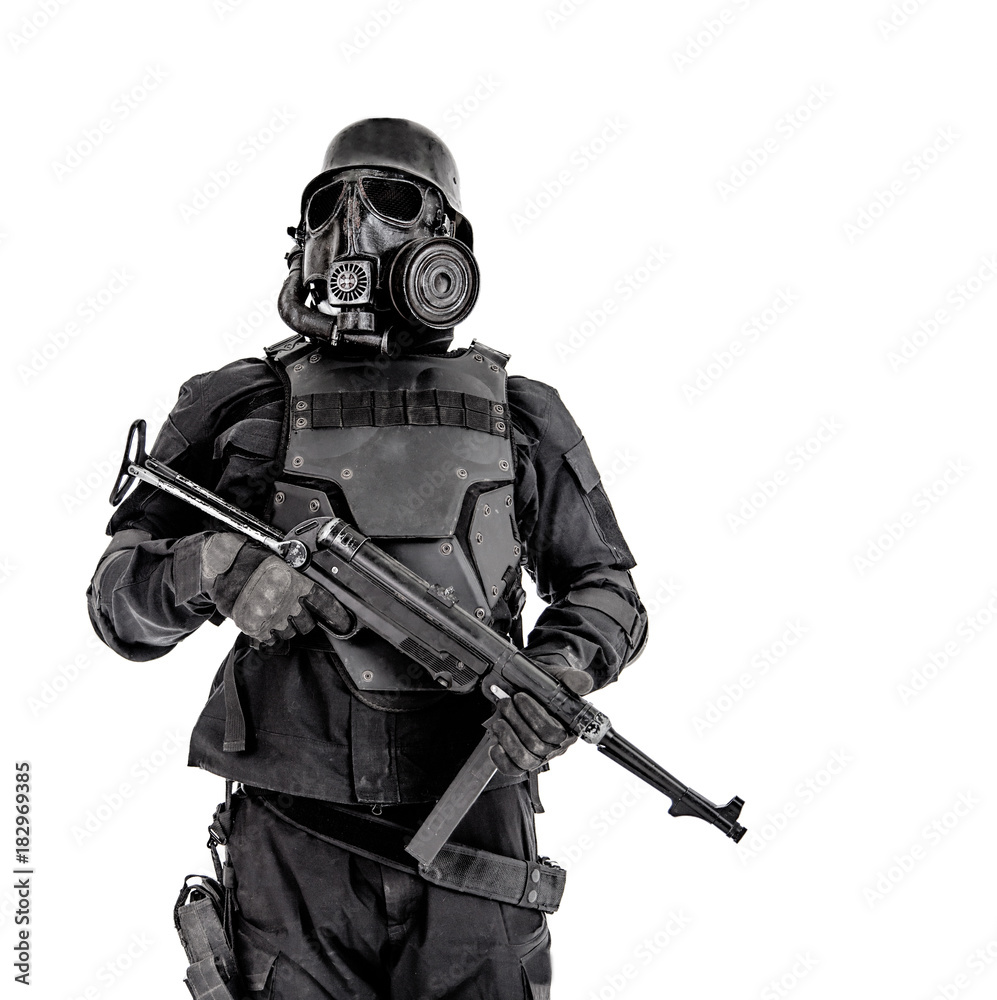 Futuristic nazi soldier gas mask and steel helmet with schmeisser handgun  isolated on white studio shot half length portrait Stock Photo | Adobe Stock