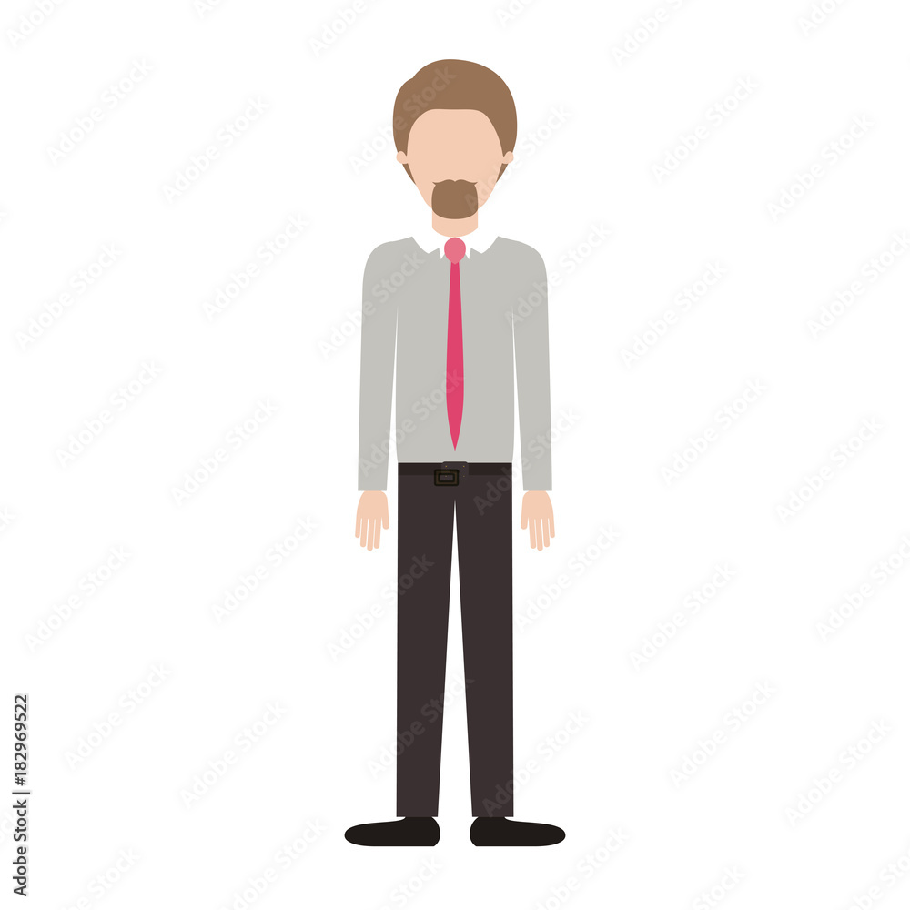 faceless man full body with shirt and tie and pants and shoes with short hair and goatee beard in colorful silhouette vector illustration
