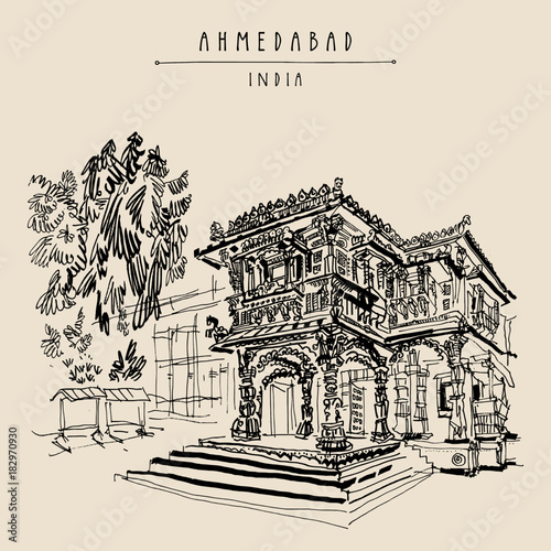Hutheesing (Hathi Singh Wadi) Jain temple in Ahmedabad, Gujarat, India. Ornate stonework. Travel sketch art. Vintage hand drawn postcard in vector