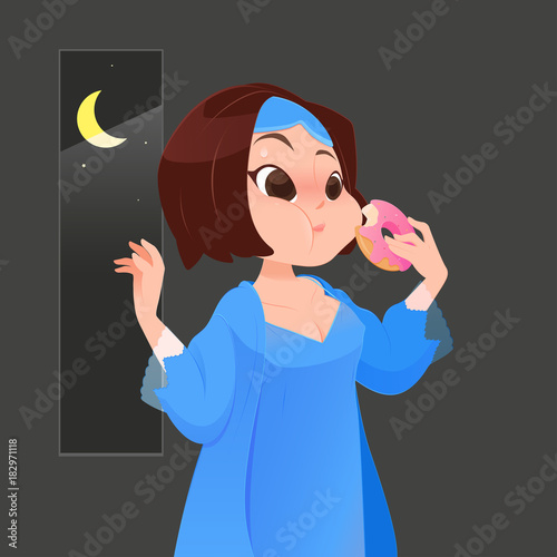 Illustration woman in blue nightgown eating donut in kitchen with window at night, Cartoon vector