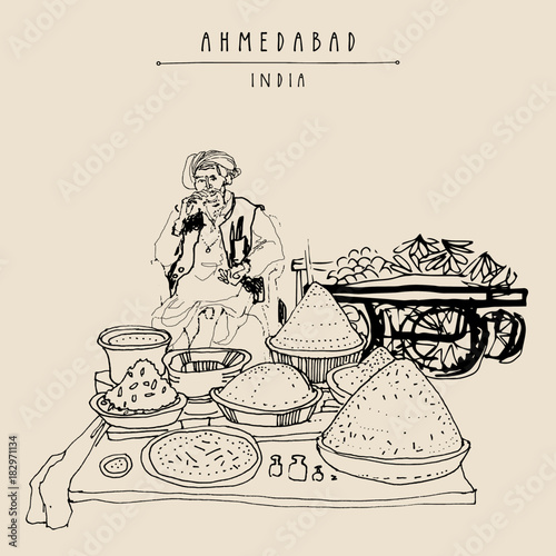 Spice market in Ahmedabad, Gujarat, India. Old Indian man wearing traditional attire with a turban. Travel art. Vintage hand drawn postcard in vector