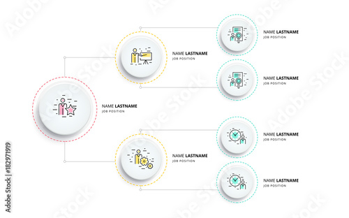 Business hierarchy organogram chart infographics. Corporate organizational structure graphic elements. Company organization branches template. Modern vector info graphic tree layout design.