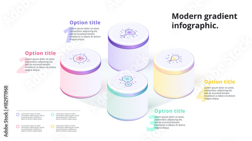 Business 4 step process chart infographics with 3d columns. Circle corporate graphic elements. Infograph presentation slide template. Modern vector process info graphic layout design.