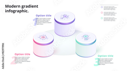 Business 3 step process chart infographics with 3d columns. Circle corporate graphic elements. Infograph presentation slide template. Modern vector process info graphic layout design.