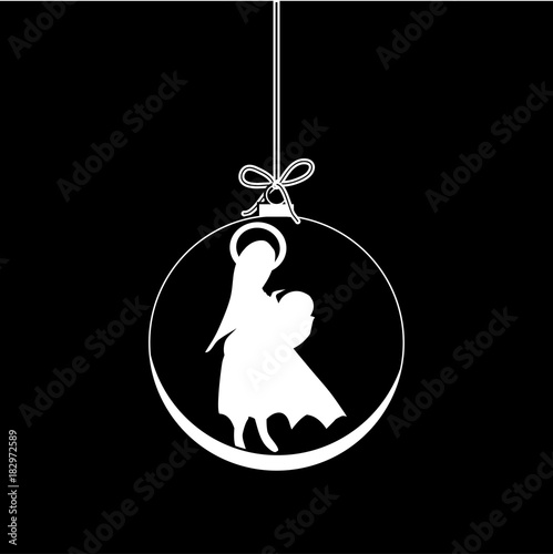 Flat Christmas Ball with Bow, Maria and  Baby Jesus Christ. Vector  Bauble with Mother Maria and Baby Jesus Figure decorative xmas ornament. Illustration isolated on black background. 