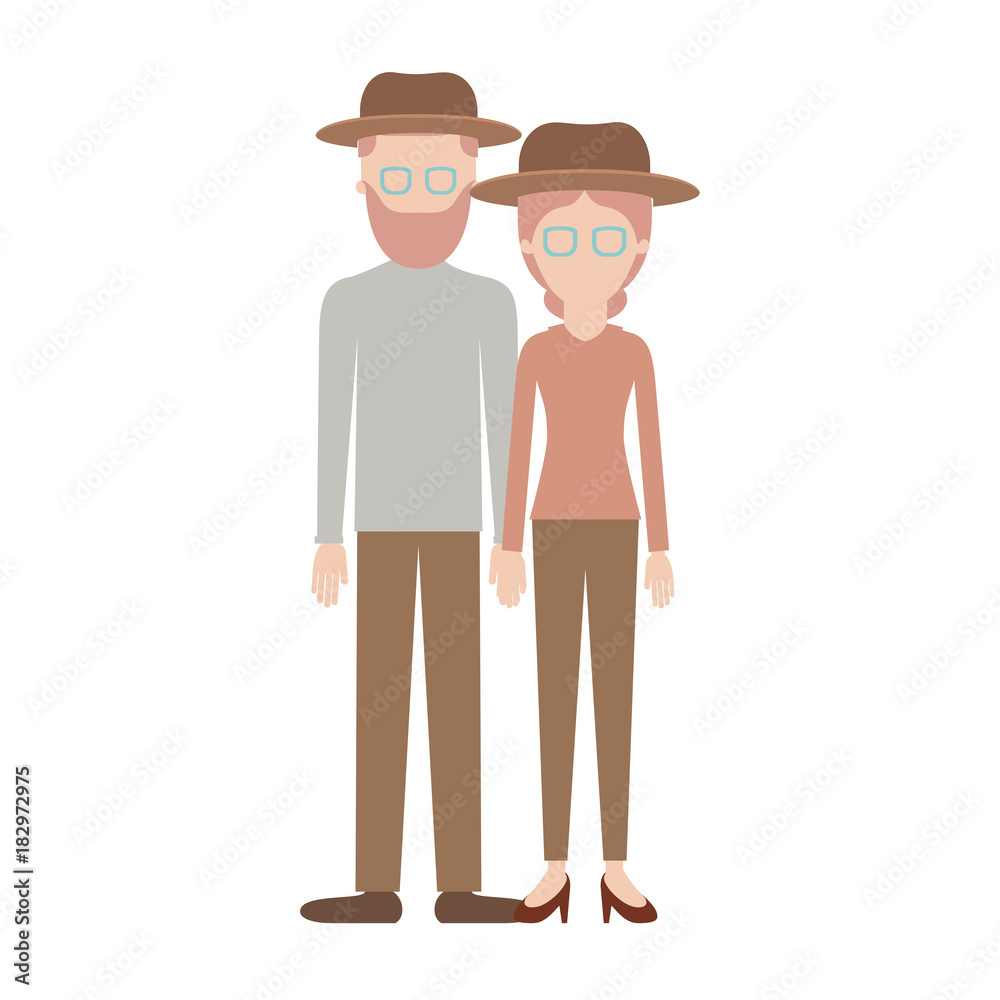 faceless couple colorful silhouette and both with hat and glasses and him with beard and shirt and pants and shoes and her with blouse long sleeve and pants and heel shoes with collected hair vector faceless couple colorful silhouette and both with hat and glasses and him with beard and shirt and pants and shoes and her with blouse long sleeve and pants and heel shoes with collected hair vector