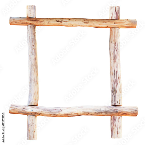 Square wooden frame made of wood logs isolated on white background