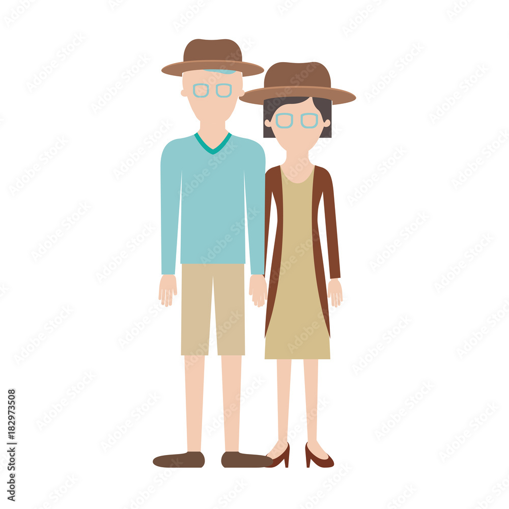 faceless couple colorful silhouette and both with hat and glasses and him with sweater and short pants and shoes and her with jacket and dress and heel shoes with short hair vector illustration faceless couple colorful silhouette and both with hat and glasses and him with sweater and short pants and shoes and her with jacket and dress and heel shoes with short hair vector illustration