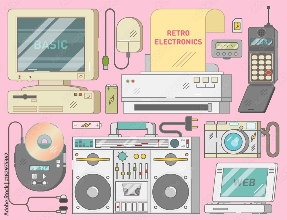 Retro vintage electronics set with computer, mouse, printer, mobile ...