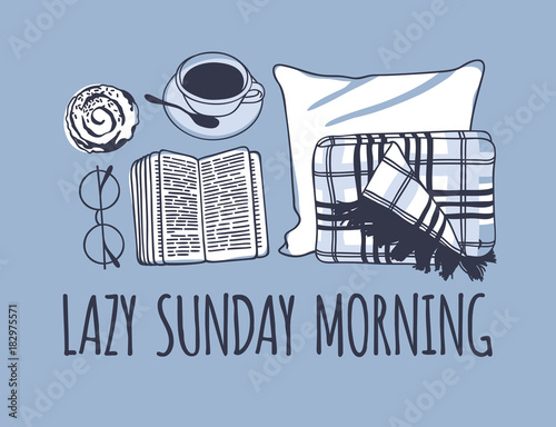 Hand drawn morning fashion illustration. Creative ink art work. Actual vector drawing. Cozy set, plaid, book, coffee