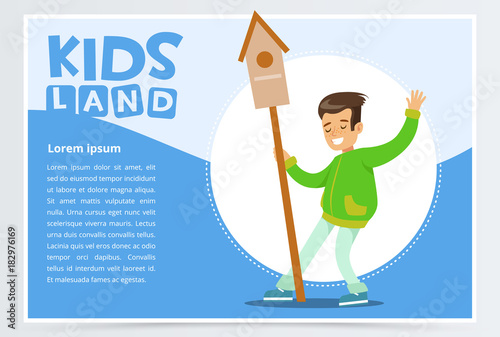 Teen boy with birdhouse, eco concept, kids land banner flat vector element for website or mobile app