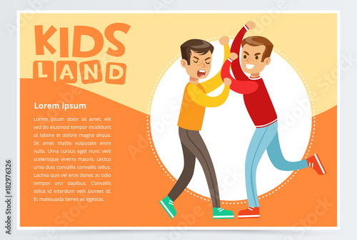 Two boys fighting each other, teen kids quarreling, kids land banner flat vector element for website or mobile app