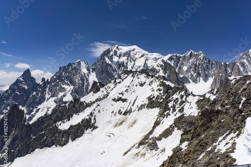 A majestic view of the great snowy peak of Mont Blanc. Alps.