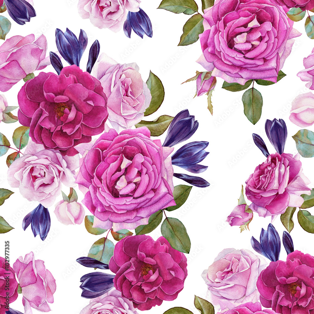 Floral seamless pattern with watercolor roses and crocuses. Background with bouquets of hand drawn watercolor flowers
