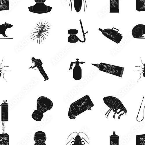 Pest, poison, personnel and various equipment black icons in set collection for design. Pest control service vector symbol stock web illustration.