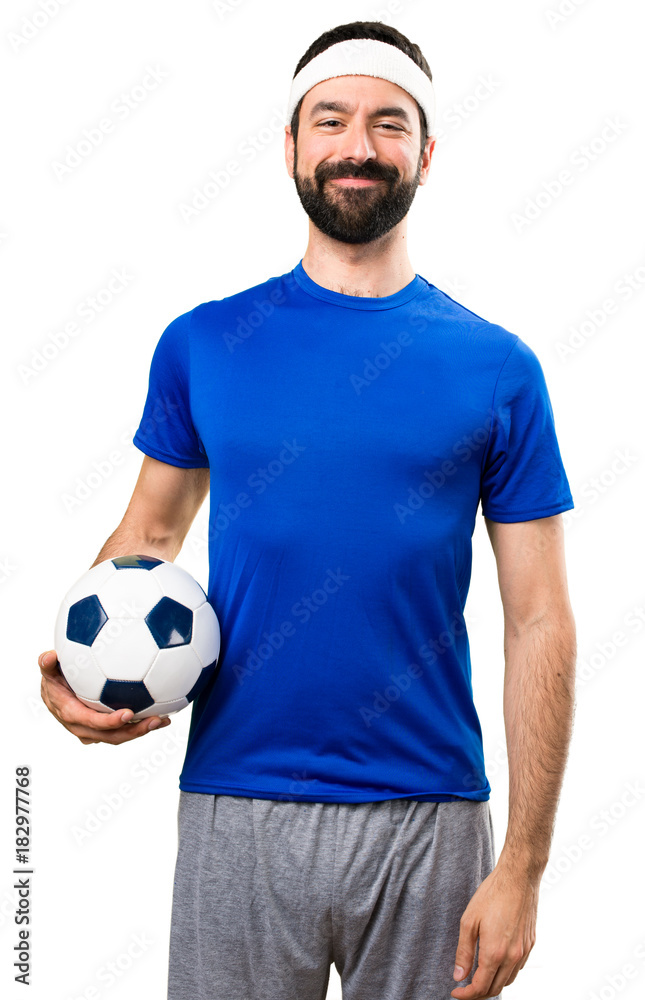 Happy Funny sportsman holding a soccer ball on isolated white background Happy Funny sportsman holding a soccer ball on isolated white background