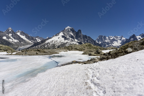 Frozen Lac Blanc lake on the background of Mont Blanc massif.