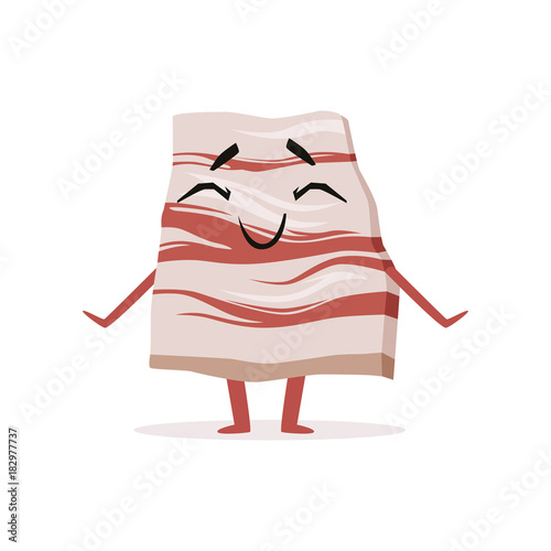 Slice of pork lard with smiling face. Delicious and fresh product. Cartoon meat food character in flat style. Vector design for butcher store or food market