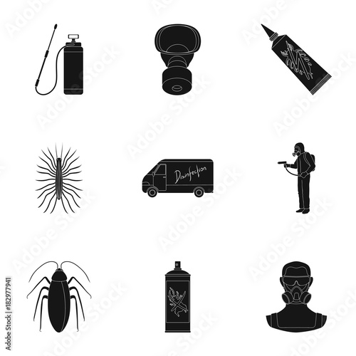 Pest, poison, personnel and various equipment black icons in set collection for design. Pest control service vector symbol stock web illustration.
