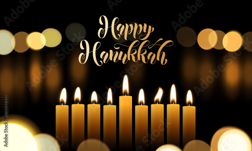 Happy Hanukkah greeting card of golden font and candles for Jewish lights festival holiday design template. Vector Chanukah or Hanukah golden calligraphy text and Menorah candelabrum candle light