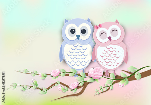 Couple Owl and roses ivy paper art, paper cut style
