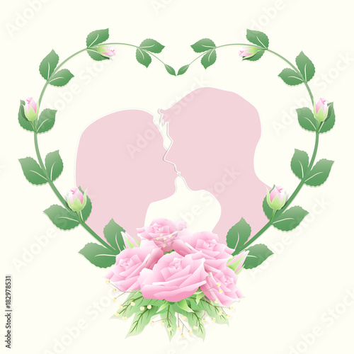 Couple in heart frame with rose ivy and pink roses bouquet