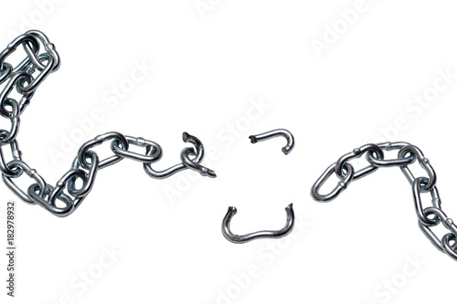 Photo of broken chain isolated on white background
