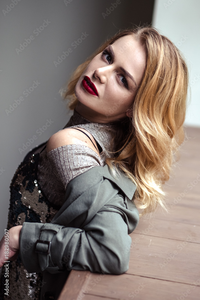Fototapeta premium Portrait of beautiful tender young woman in stylish casual clothes. Fashion beauty photo