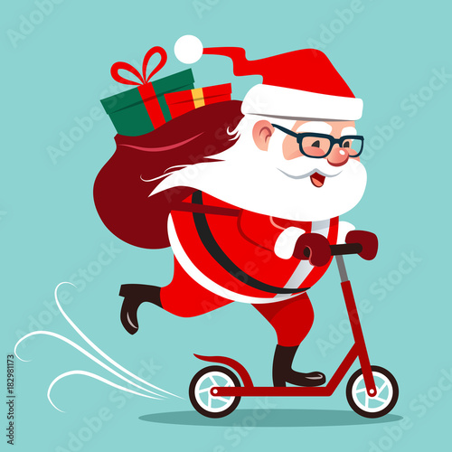 Vector cartoon illustration of cute happy Santa Claus riding on a kick  scooter, with big backpack with gifts on his back. Christmas winter holiday  design element in flat contemporary style. Stock Vector