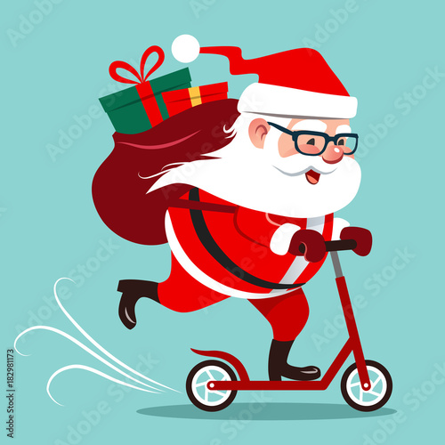 Vector cartoon illustration of cute happy Santa Claus riding on a kick scooter, with big backpack with gifts on his back. Christmas winter holiday design element in flat contemporary style.