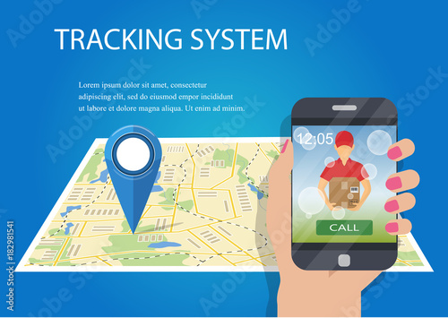 Package tracking. Order tracking app concept. Hand holding mobile smart phone with app delivery tracking. Vector