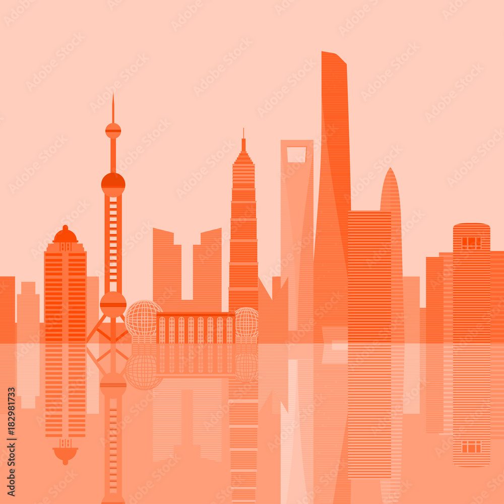 Fototapeta premium Flat building of China country, travel icon landmark . Shanghai City architecture. Asian travel vacation sightseeing.