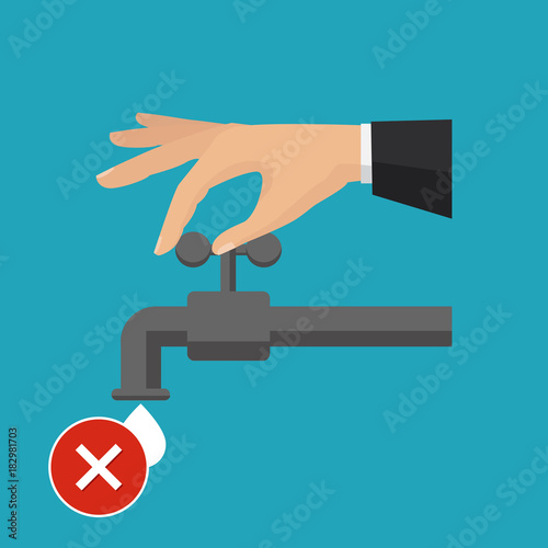 Turn off the water with man's hand isolated on background. Vector flat illustration
