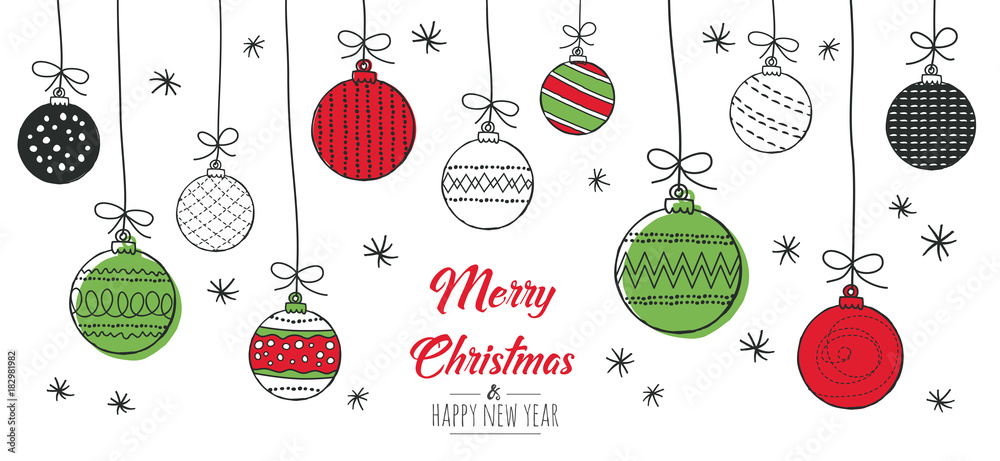 Merry Christmas greeting card red and green with modern baubles. Vector illustration. - obrazy, fototapety, plakaty 