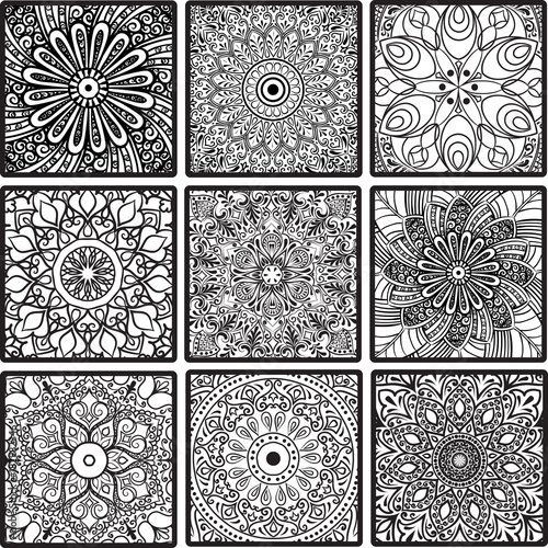 Colorful floral seamless pattern from squares with mandala in patchwork boho chic style in portuguese and moroccan motif