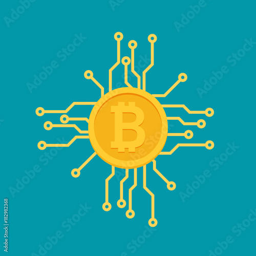 Bitcoin mining concept coin flat vector