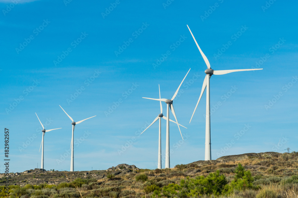 Wind turbines in a rocky mountains in Portugal