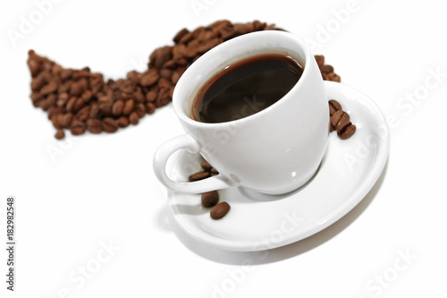 Coffee cup with coffee beans isolated on white