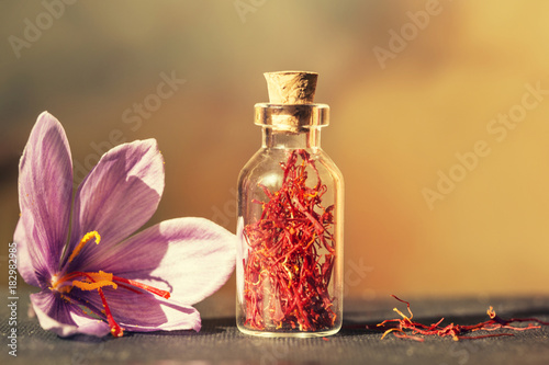 Dried saffron spice and Saffron flower