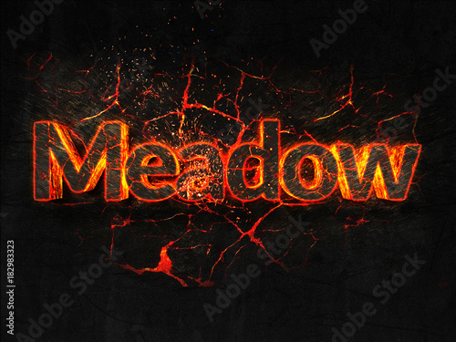 Meadow Fire text flame burning hot lava explosion background.