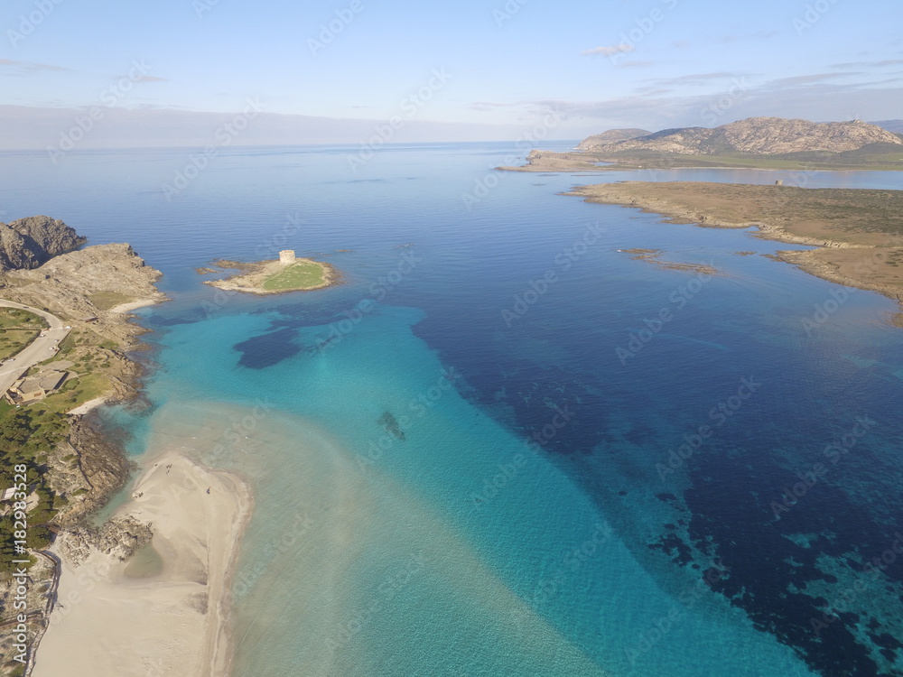 Aerial view, the beach in Sardinia, crystal clear water, Italy